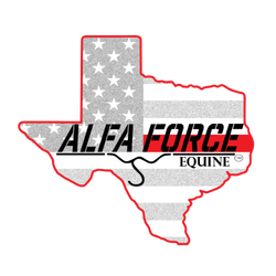 Texas-shaped logo with American flag background that says Alfa Force Equine