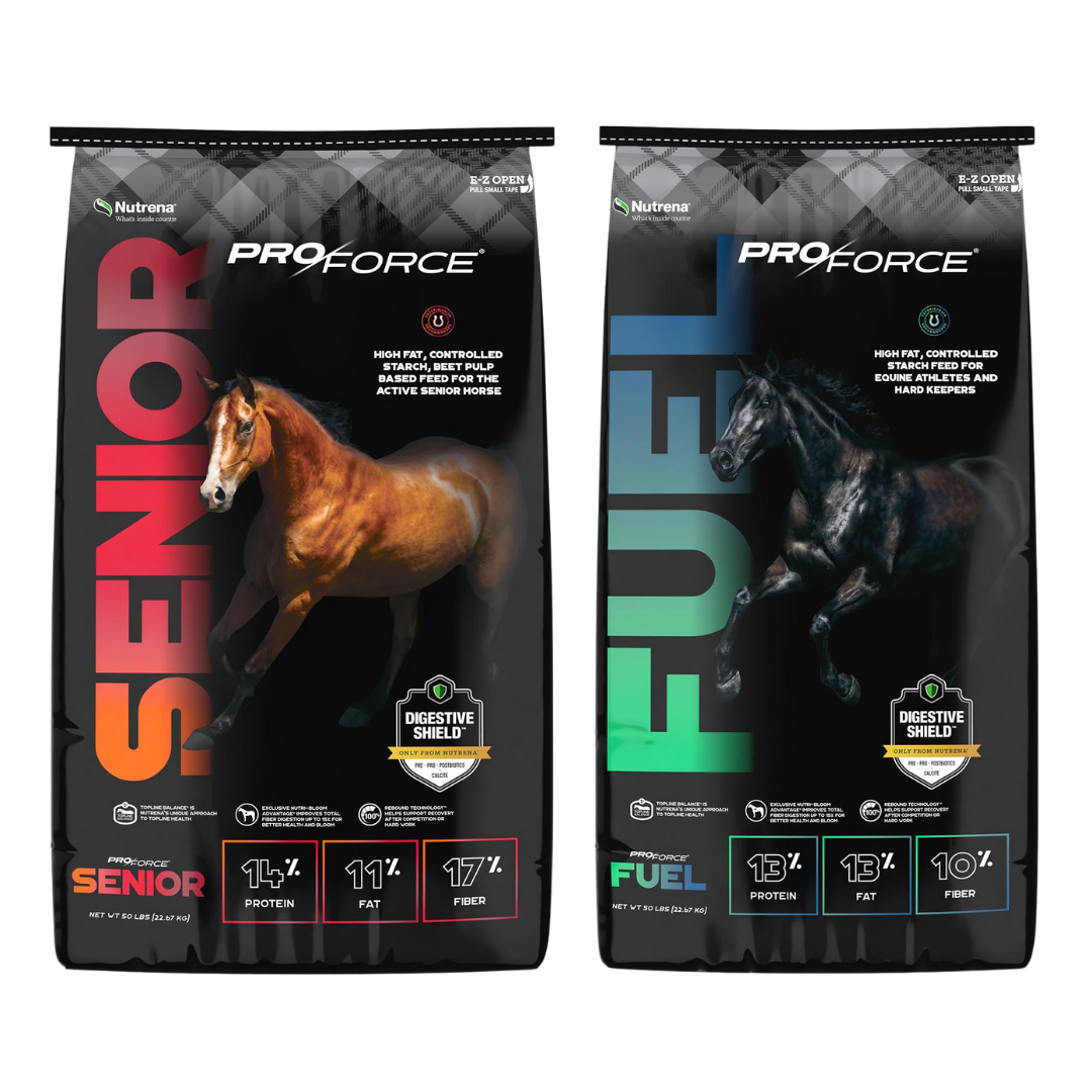 Bags of Nutrena ProForce Senior Horse Feed and Nutrena ProForce Fuel