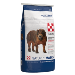 Dark blue 50-lb feed bag. Brown pig. Purina Nature's Match Grower-Finisher Pig Feed