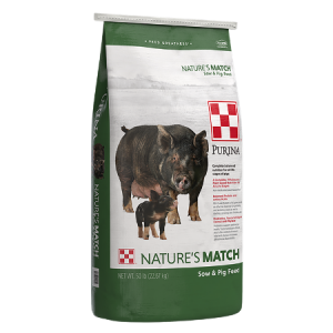 Purina Nature's Match Pig & Sow Concentrate. Green and white 50lb feed bag. 