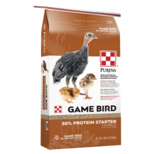 Tan, white and teal poultry feed bag. 30% Game Bird Starter Feed.