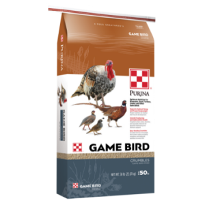 Brown, white and teal poultry feed bag. Purina Gamebird Layer
