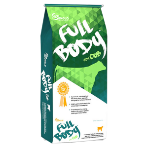 Sunglo Calf Full Body show cattle supplement. Green and white feed bag.