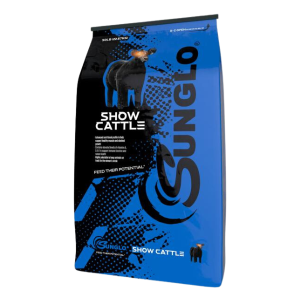 Sunglo Show Calf Developer. 50-lb blue and black feed bag.